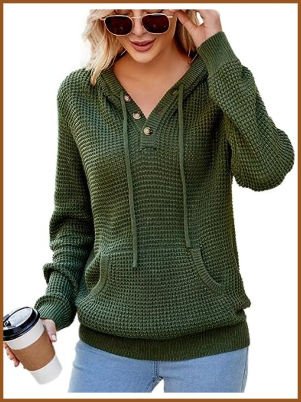 Waffle Knit Hoodie Sweater V Neck Pullover with Pocket